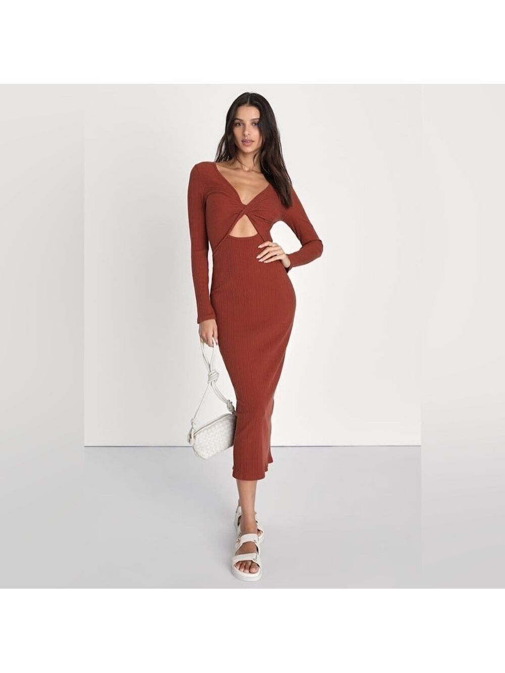Lulus Brown Long Sleeve Ribbed Midi Dress Sz Large